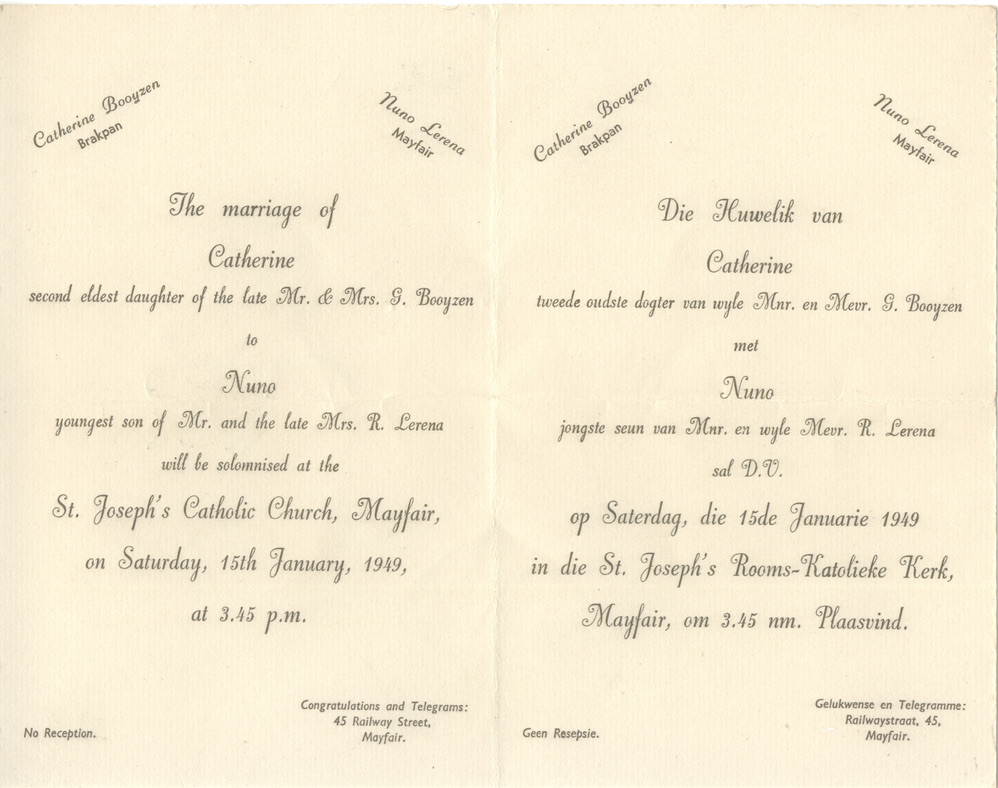 The wedding invitation, St Joseph's, Mayfair, 15 January 1949
